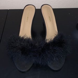 Black Kitten Heel Furry Slide On Shoes